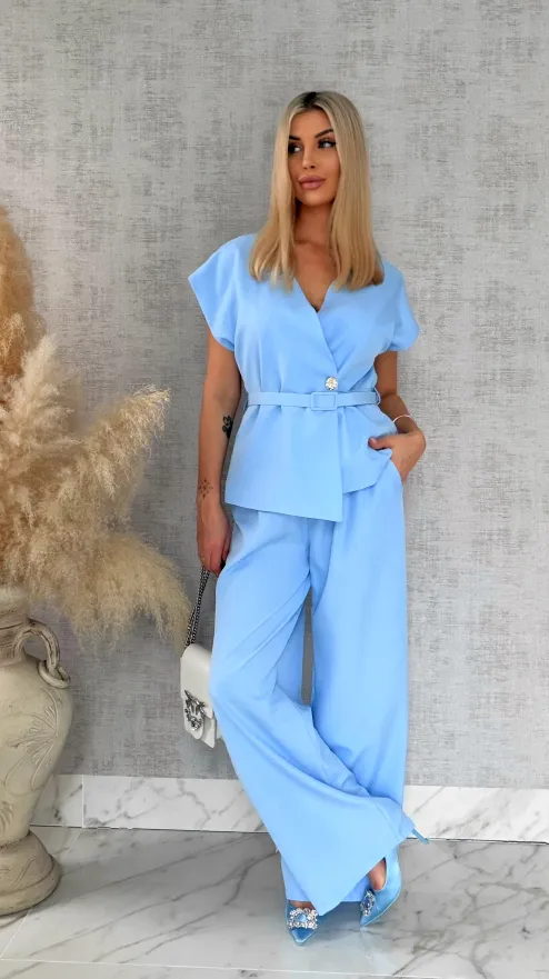 Wizytowy komplet BLUE bluzka + spodnie z paskiem ONE SIZE - R903A