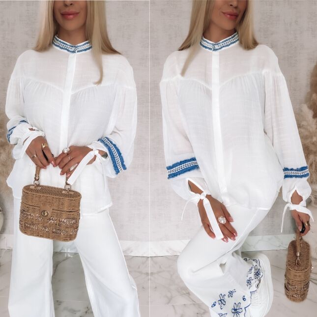 Oryginalna biała koszula z jeansowymi akcentami ONE SIZE - R844