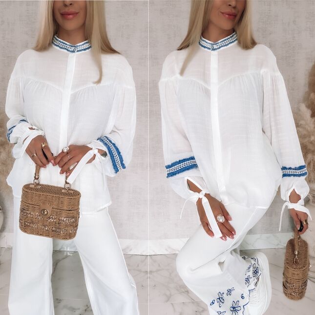 Oryginalna biała koszula z jeansowymi akcentami ONE SIZE - R844