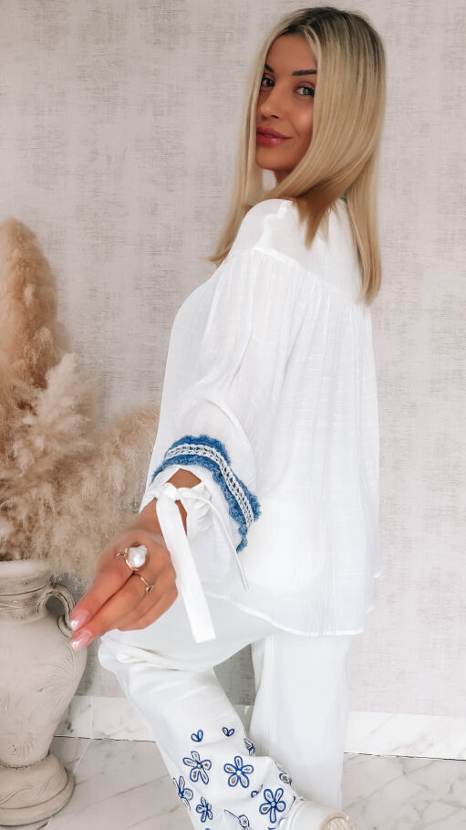 Oryginalna biała koszula z jeansowymi akcentami ONE SIZE - R844