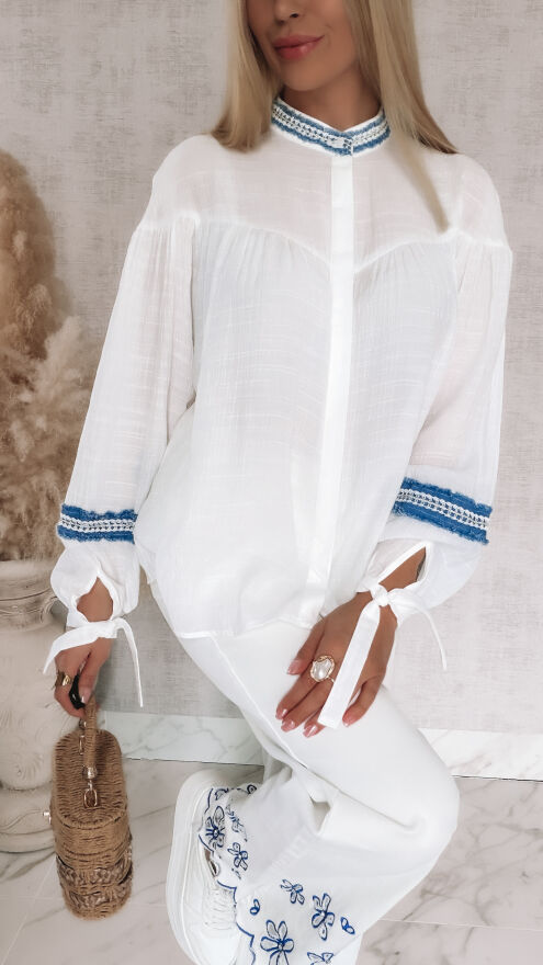 Oryginalna biała koszula z jeansowymi akcentami ONE SIZE - R844