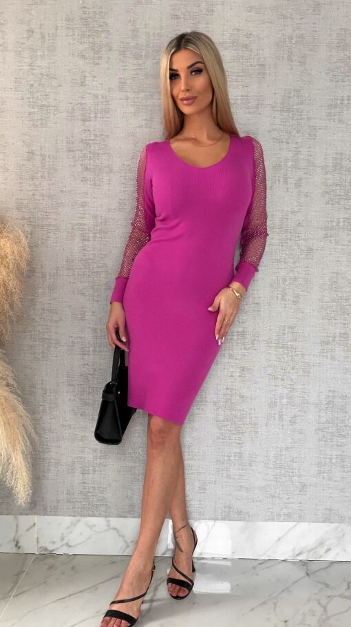 Świetna dzianinowa sukienka z ozdobną siateczką FUKSJA wiskoza - R582