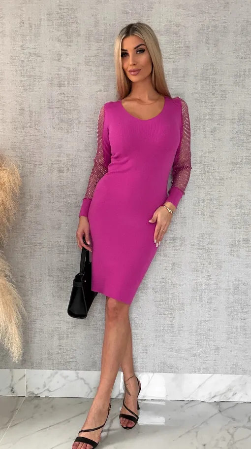 Świetna dzianinowa sukienka z ozdobną siateczką FUKSJA wiskoza - R582