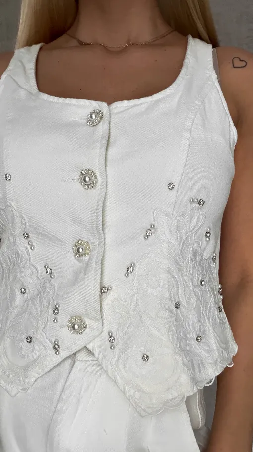 Ekskluzywny biały komplet jeansowy kamizelka + spodnie WHITE JEANS - R633