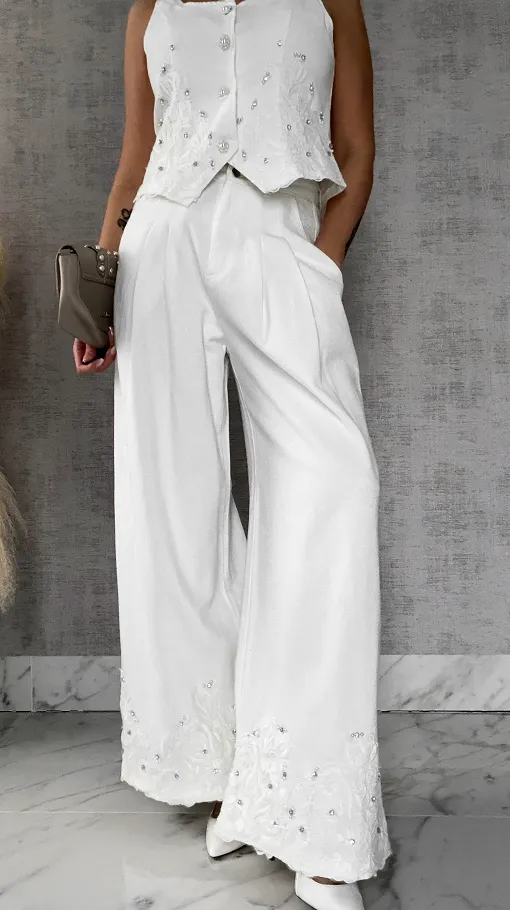 Ekskluzywny biały komplet jeansowy kamizelka + spodnie WHITE JEANS - R633