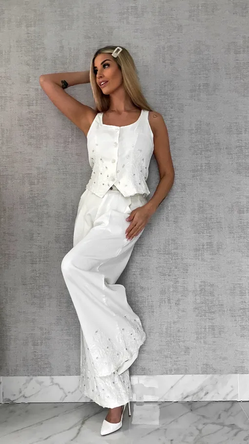 Ekskluzywny biały komplet jeansowy kamizelka + spodnie WHITE JEANS - R633