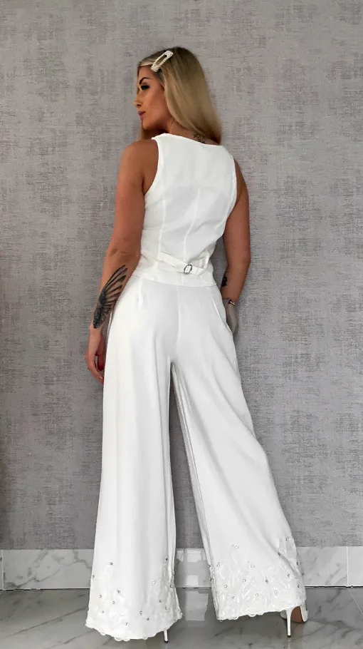 Ekskluzywny biały komplet jeansowy kamizelka + spodnie WHITE JEANS - R633