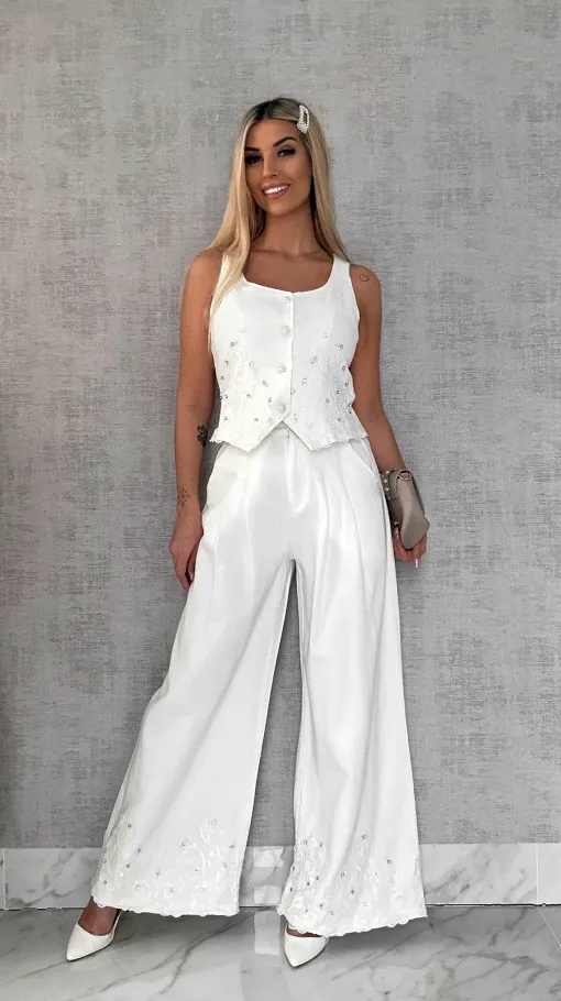 Ekskluzywny biały komplet jeansowy kamizelka + spodnie WHITE JEANS - R633