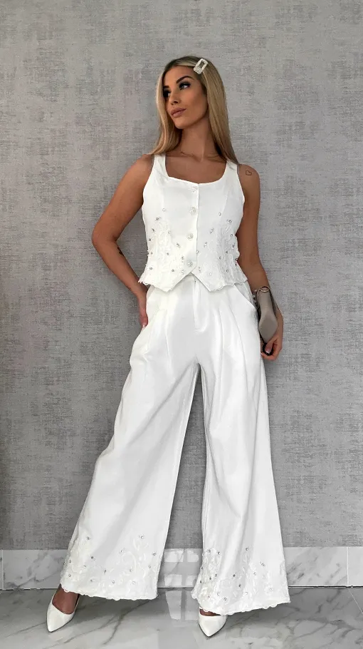 Ekskluzywny biały komplet jeansowy kamizelka + spodnie WHITE JEANS - R633