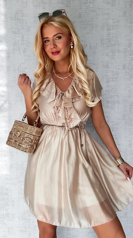Piękna beżowa sukienka z wiązanym dekoltem ONE SIZE - P627