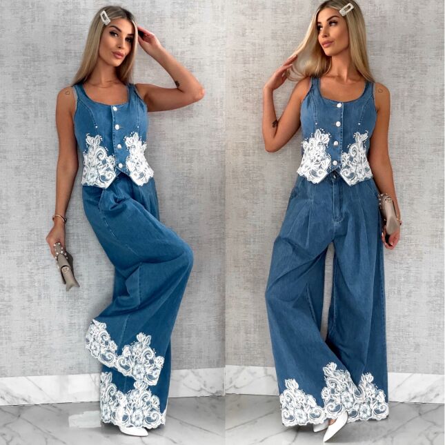 Ekskluzywny komplet jeansowy kamizelka + spodnie BLUE JEANS - R633A