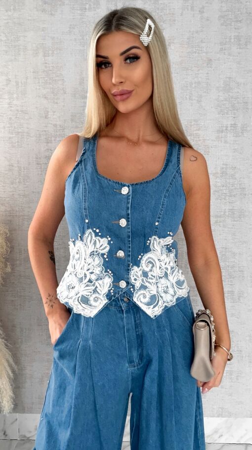 Ekskluzywny komplet jeansowy kamizelka + spodnie BLUE JEANS - R633A