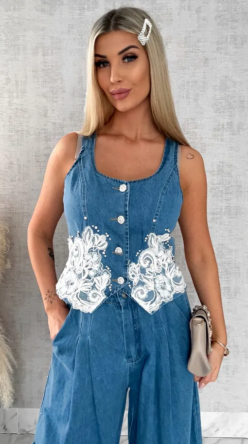 Ekskluzywny komplet jeansowy kamizelka + spodnie BLUE JEANS - R633A