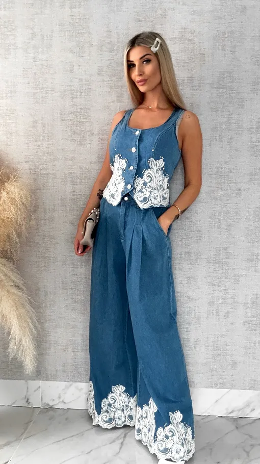 Ekskluzywny komplet jeansowy kamizelka + spodnie BLUE JEANS - R633A