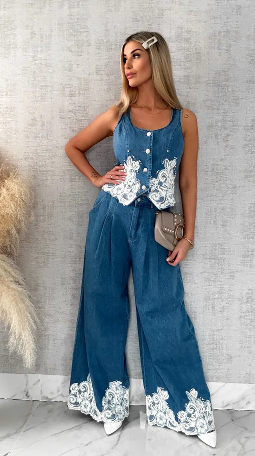 Ekskluzywny komplet jeansowy kamizelka + spodnie BLUE JEANS - R633A