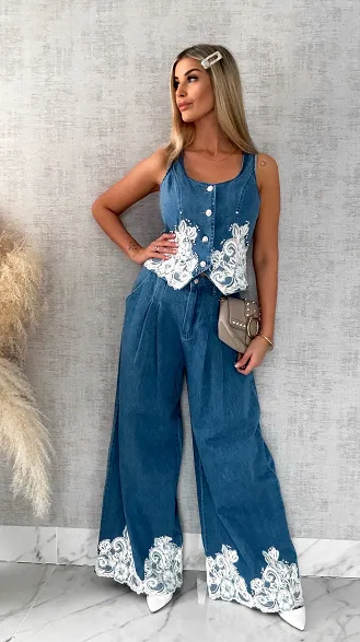 Ekskluzywny komplet jeansowy kamizelka + spodnie BLUE JEANS - R633A