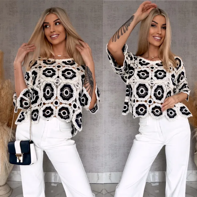 Lekki ażurowy sweterek w szydełkowym stylu GRANAT - R691B