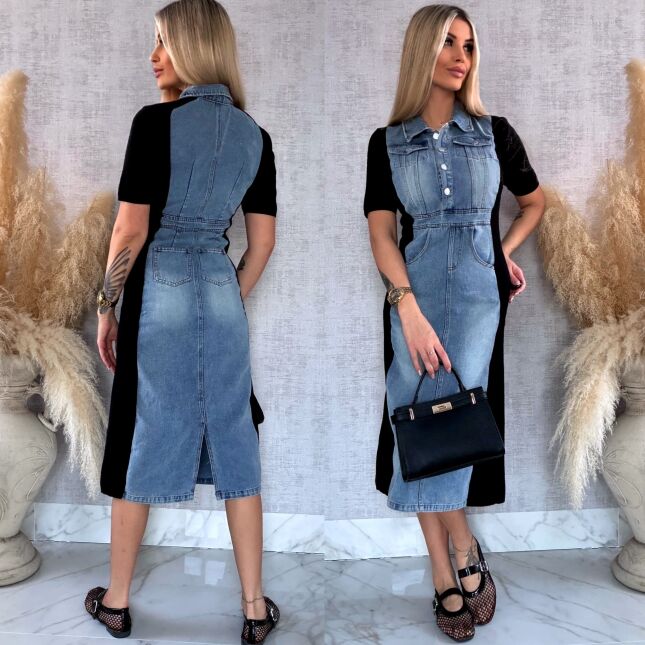 Jeansowa sukienka BLUE z czarnymi wstawkami ONE SIZE - R573