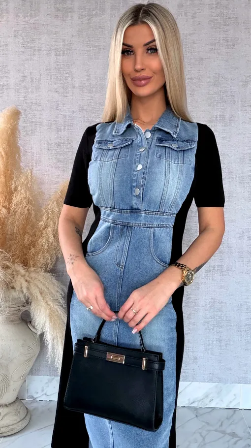 Jeansowa sukienka BLUE z czarnymi wstawkami ONE SIZE - R573