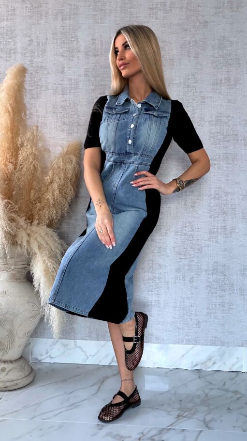 Jeansowa sukienka BLUE z czarnymi wstawkami ONE SIZE - R573