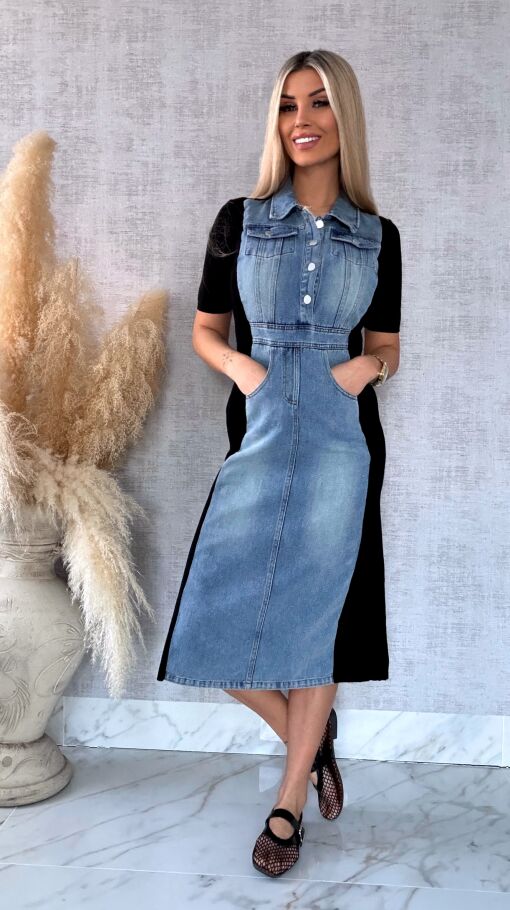 Jeansowa sukienka BLUE z czarnymi wstawkami ONE SIZE - R573