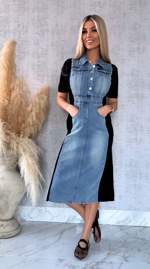 Jeansowa sukienka BLUE z czarnymi wstawkami ONE SIZE - R573