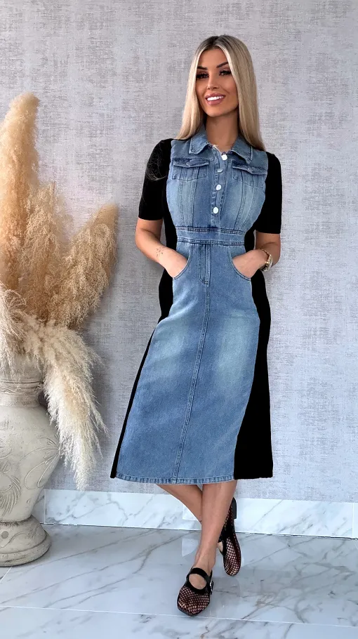 Jeansowa sukienka BLUE z czarnymi wstawkami ONE SIZE - R573