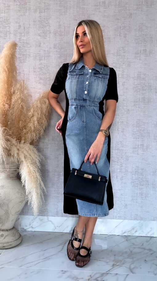 Jeansowa sukienka BLUE z czarnymi wstawkami ONE SIZE - R573