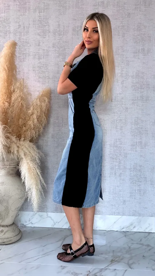 Jeansowa sukienka BLUE z czarnymi wstawkami ONE SIZE - R573