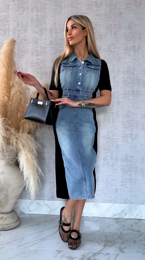 Jeansowa sukienka BLUE z czarnymi wstawkami ONE SIZE - R573