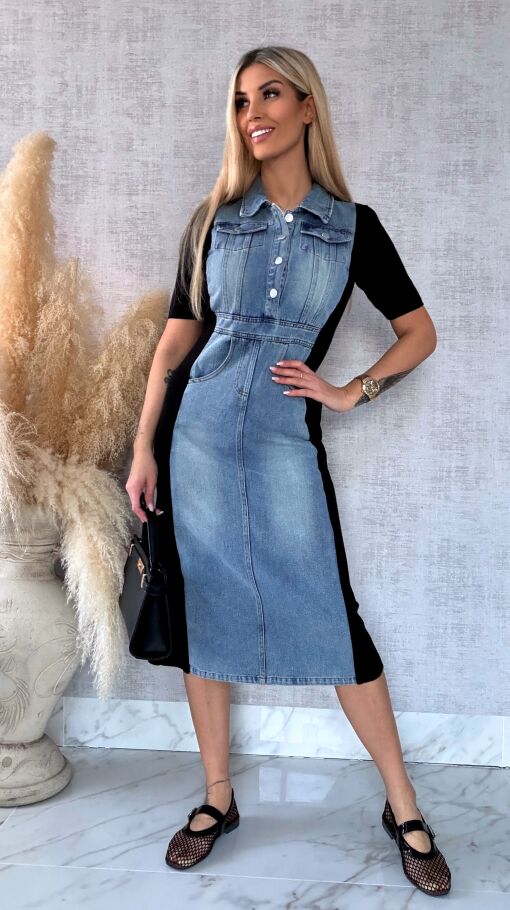 Jeansowa sukienka BLUE z czarnymi wstawkami ONE SIZE - R573