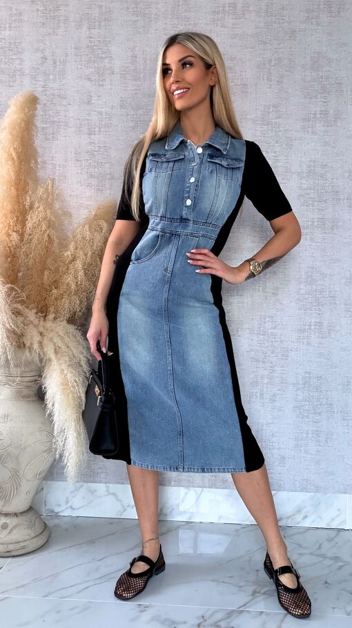 Jeansowa sukienka BLUE z czarnymi wstawkami ONE SIZE - R573