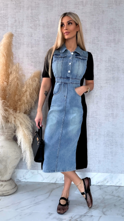 Jeansowa sukienka BLUE z czarnymi wstawkami ONE SIZE - R573