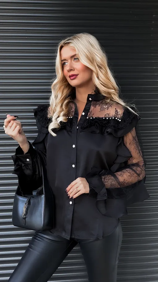 Elegancka CZARNA koszulowa z koronkowymi rękawami ONE SIZE - R266A