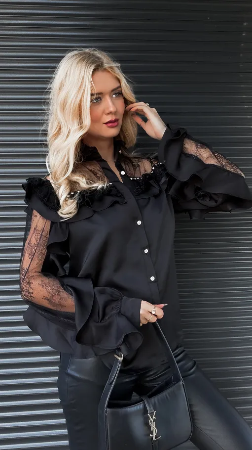 Elegancka CZARNA koszulowa z koronkowymi rękawami ONE SIZE - R266A