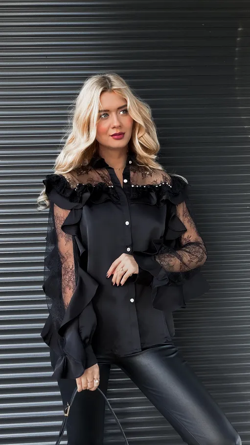 Elegancka CZARNA koszulowa z koronkowymi rękawami ONE SIZE - R266A