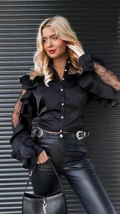 Elegancka CZARNA koszulowa z koronkowymi rękawami ONE SIZE - R266A