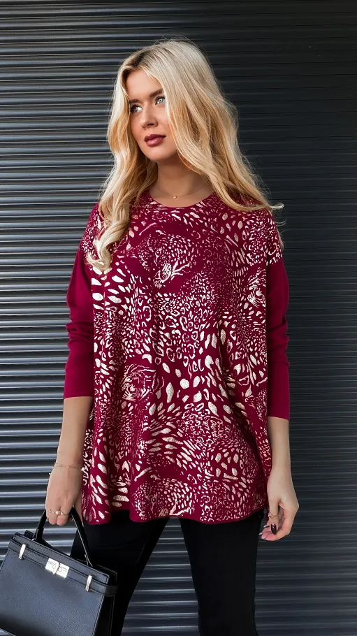 Luźny dzianinowy sweter ze złotą panterką w kolorze BORDO - R171B