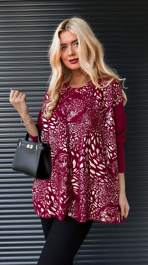Luźny dzianinowy sweter ze złotą panterką w kolorze BORDO - R171B