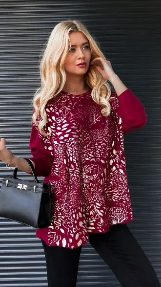 Luźny dzianinowy sweter ze złotą panterką w kolorze BORDO - R171B