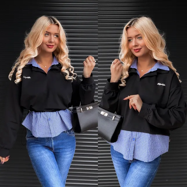 Czarna bawełniana bluza z koszulową wstawką ONE SIZE - R276