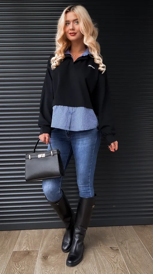 Czarna bawełniana bluza z koszulową wstawką ONE SIZE - R276