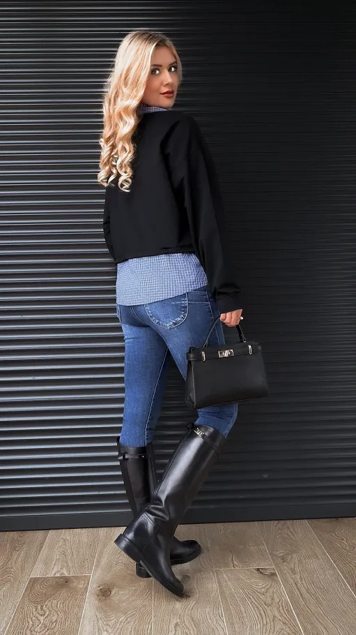 Czarna bawełniana bluza z koszulową wstawką ONE SIZE - R276