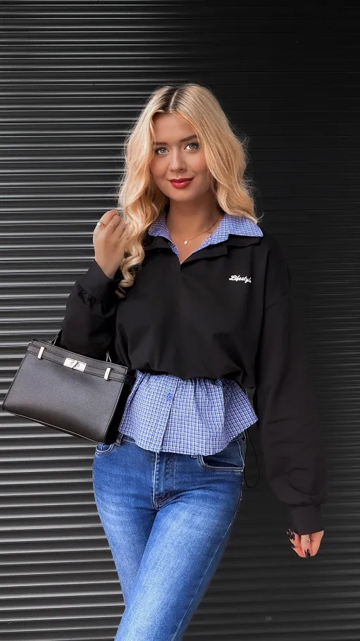 Czarna bawełniana bluza z koszulową wstawką ONE SIZE - R276