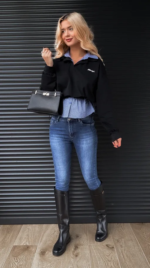 Czarna bawełniana bluza z koszulową wstawką ONE SIZE - R276