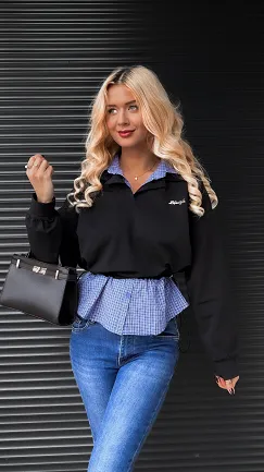 Czarna bawełniana bluza z koszulową wstawką ONE SIZE - R276