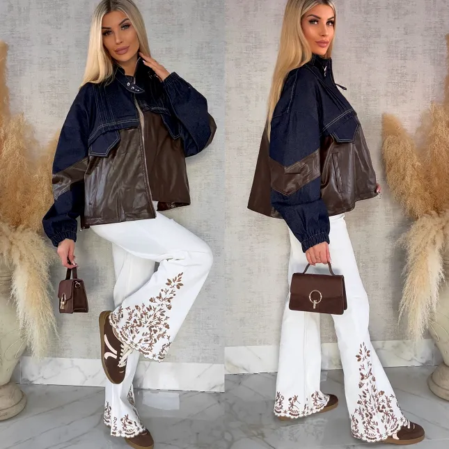 Oryginalna jeansowa kurtka katana łączona z brązową skórą ONE SIZE - R494