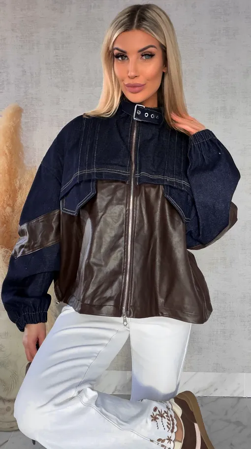 Oryginalna jeansowa kurtka katana łączona z brązową skórą ONE SIZE - R494