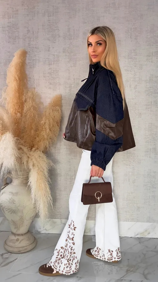 Oryginalna jeansowa kurtka katana łączona z brązową skórą ONE SIZE - R494