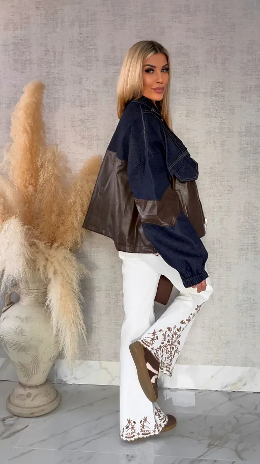 Oryginalna jeansowa kurtka katana łączona z brązową skórą ONE SIZE - R494